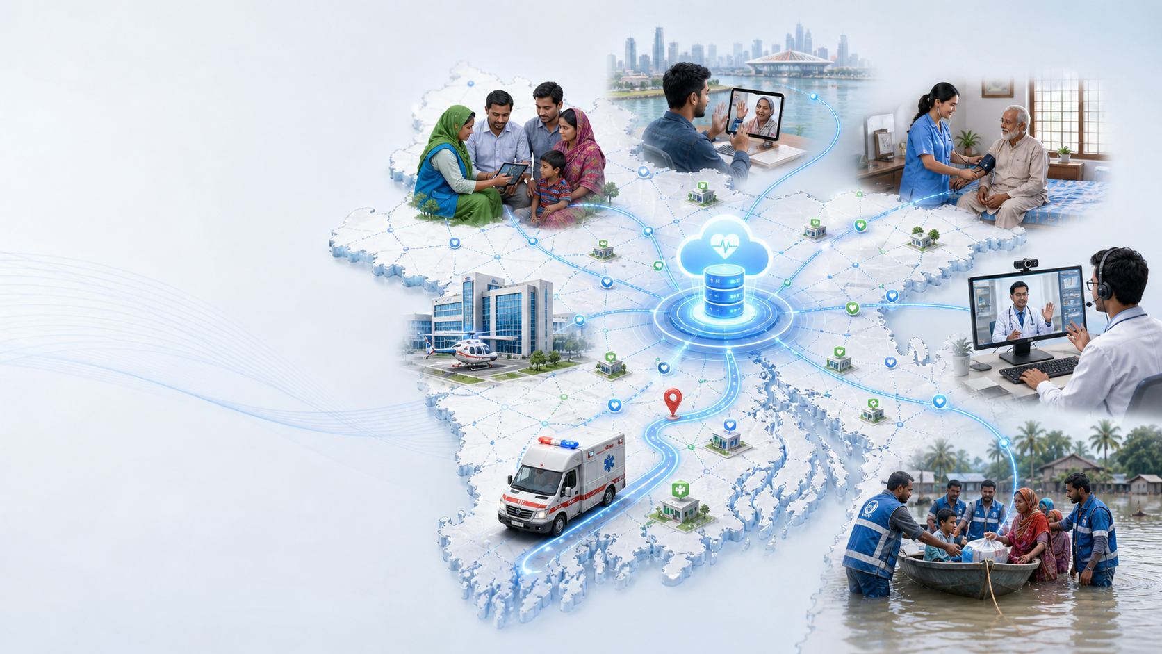 Connected national healthcare ecosystem across Bangladesh showing community care, cloud records, expatriate support, home care, international specialists, ambulance response, tele-triage and crisis volunteers